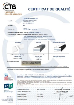 CTB LCA gluing Certificate for Les Bois Profilés - Beech