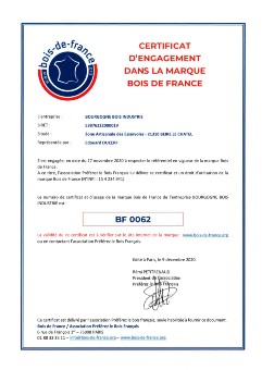 Bois de France Certificate for Bourgogne Bois Industrie